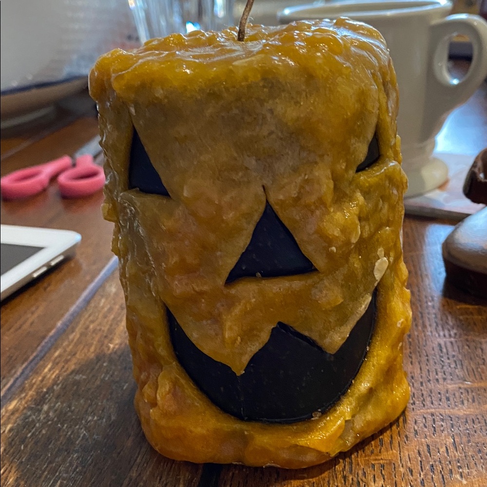 New Pumpkin Color Candle with Black Wax Eyes,Nose & Mouth. 4.25x3. Beaver Creek